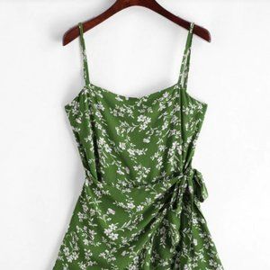 Green Ruffles Overlap Mini Wrap Dress